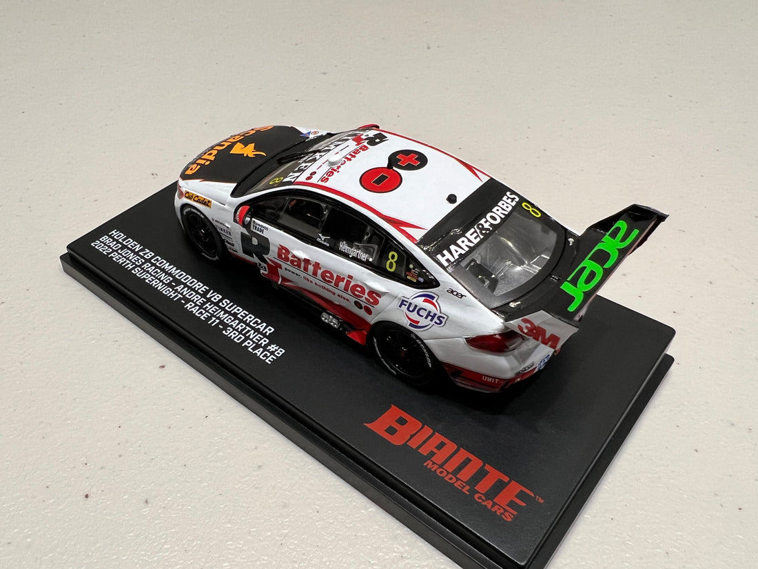 HOLDEN ZB COMMODORE - BJR - ANDRE HEIMGARTNER #8 R&J Batteries/Scandia - Bunnings Trade Perth Supernight Race 11 3RD PLACE - 1:43 Scale Diecast Model Car - BIANTE