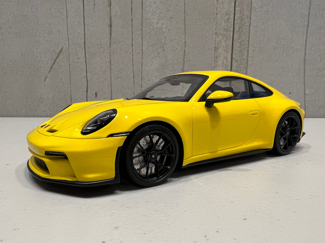 PORSCHE 911 (992) GT3 TOURING - 2022 - YELLOW W/BLACK WHEELS - 1:18 Scale Resin Model Car - Minichamps