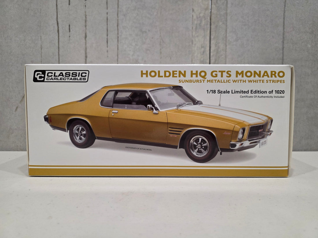 HOLDEN HQ GTS MONARO - SUNBURST METALLIC WITH WHITE STRIPES - 1:18 SCALE DIECAST MODEL