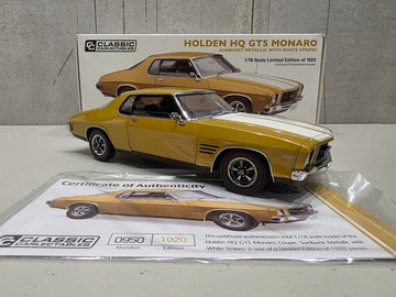 HOLDEN HQ GTS MONARO - SUNBURST METALLIC WITH WHITE STRIPES - 1:18 SCALE DIECAST MODEL
