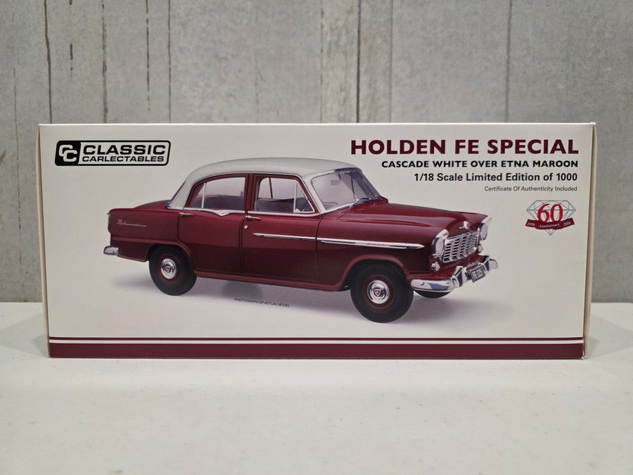 HOLDEN FE SPECIAL - CASCADE WHITE OVER ETNA MAROON - 1:18 SCALE DIECAST MODEL