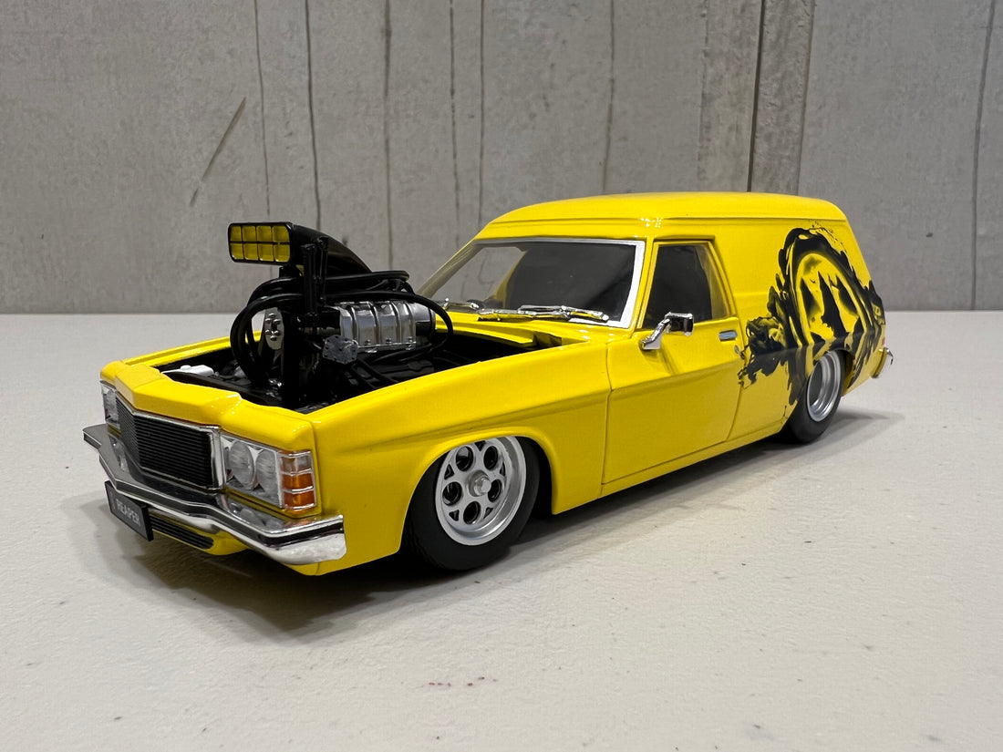 HOLDEN HJ "GRIM REAPER" PANEL VAN - YELLOW BLOWN PLANEL VAN - 1:24 SCALE DIECAST MODEL - DDA