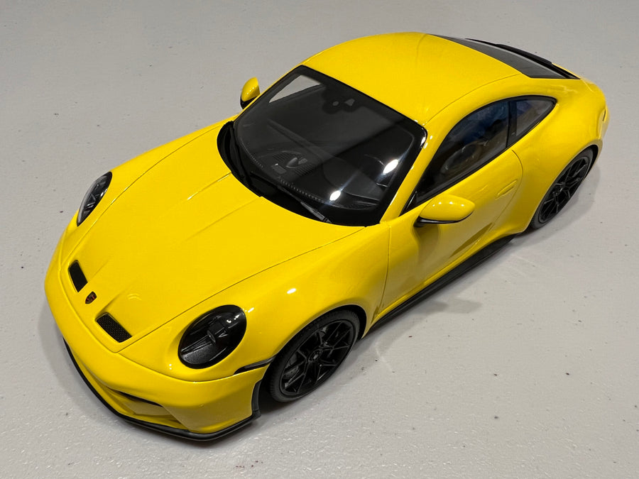 PORSCHE 911 (992) GT3 TOURING - 2022 - YELLOW W/BLACK WHEELS - 1:18 Scale Resin Model Car - Minichamps