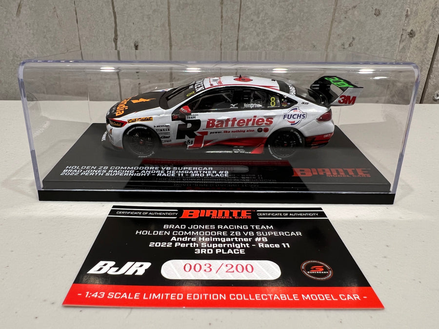 HOLDEN ZB COMMODORE - BJR - ANDRE HEIMGARTNER #8 R&J Batteries/Scandia - Bunnings Trade Perth Supernight Race 11 3RD PLACE - 1:43 Scale Diecast Model Car - BIANTE