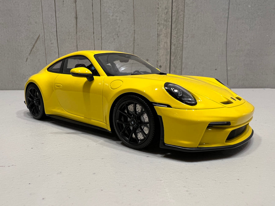 PORSCHE 911 (992) GT3 TOURING - 2022 - YELLOW W/BLACK WHEELS - 1:18 Scale Resin Model Car - Minichamps