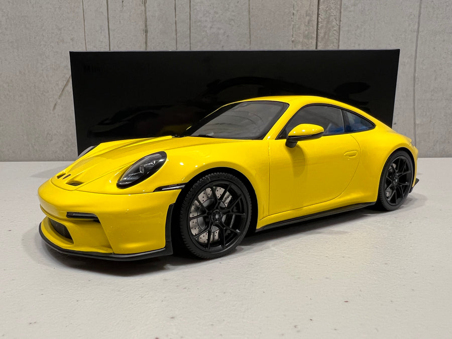 PORSCHE 911 (992) GT3 TOURING - 2022 - YELLOW W/BLACK WHEELS - 1:18 Scale Resin Model Car - Minichamps