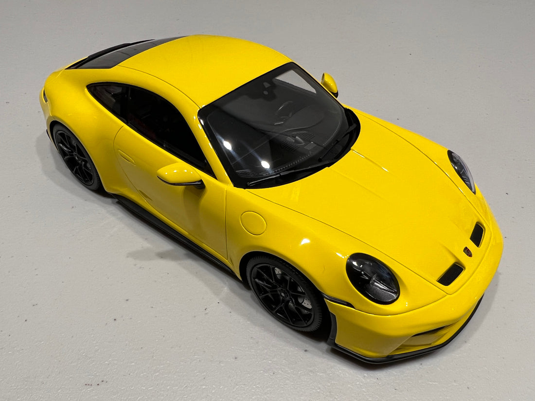 PORSCHE 911 (992) GT3 TOURING - 2022 - YELLOW W/BLACK WHEELS - 1:18 Scale Resin Model Car - Minichamps