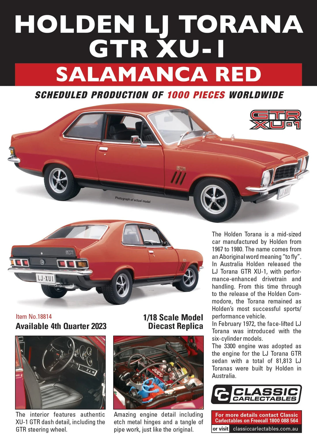 HOLDEN LJ TORANA GTR XU-1 "SALAMANCE RED" - 1:18 SCALE DIECAST MODEL