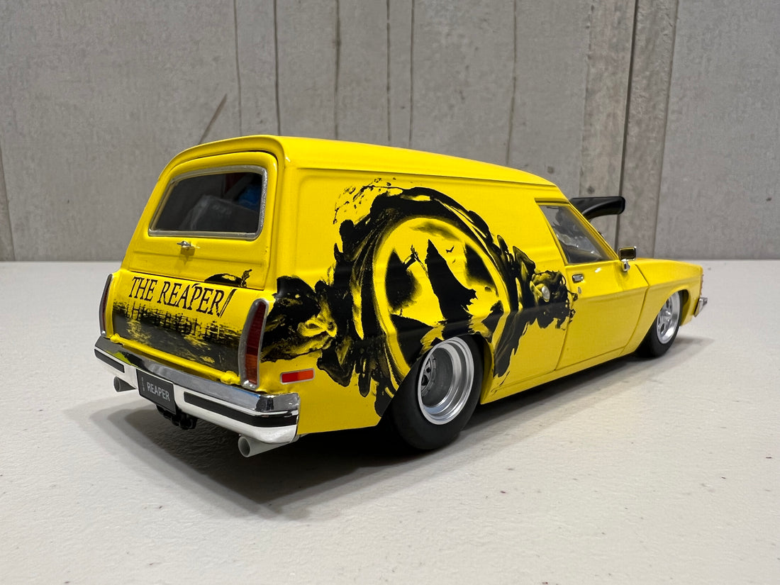 HOLDEN HJ "GRIM REAPER" PANEL VAN - YELLOW BLOWN PLANEL VAN - 1:24 SCALE DIECAST MODEL - DDA