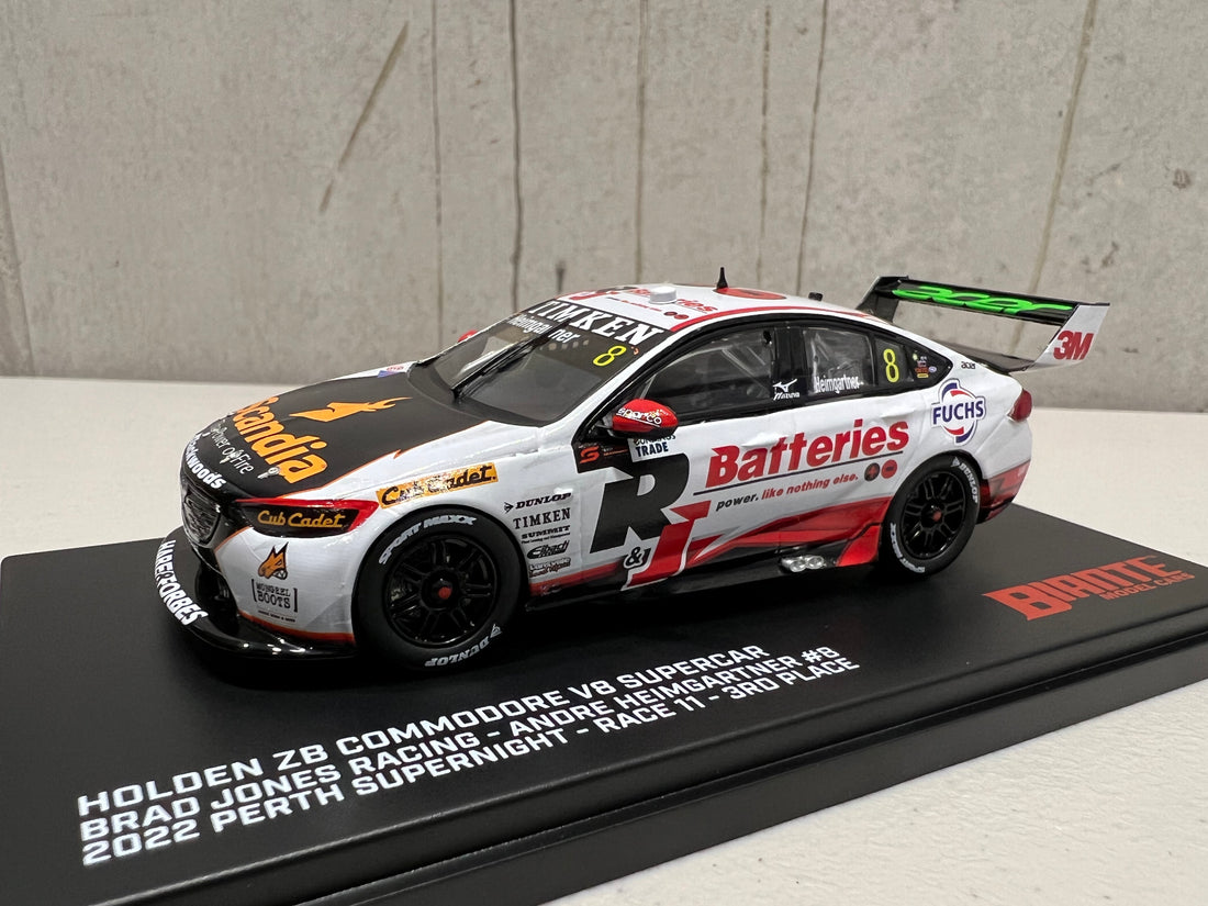 HOLDEN ZB COMMODORE - BJR - ANDRE HEIMGARTNER #8 R&J Batteries/Scandia - Bunnings Trade Perth Supernight Race 11 3RD PLACE - 1:43 Scale Diecast Model Car - BIANTE