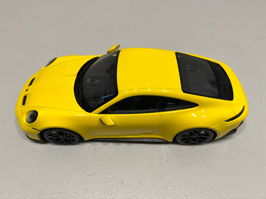 PORSCHE 911 (992) GT3 TOURING - 2022 - YELLOW W/BLACK WHEELS - 1:18 Scale Resin Model Car - Minichamps