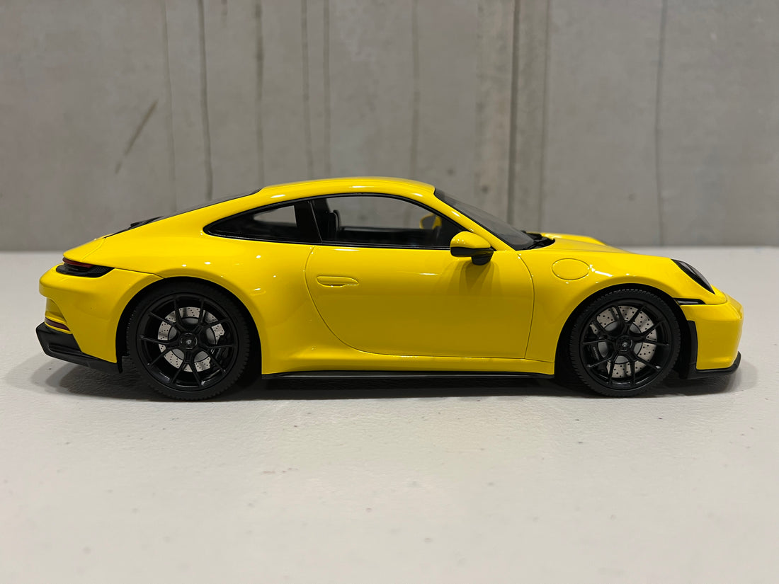 PORSCHE 911 (992) GT3 TOURING - 2022 - YELLOW W/BLACK WHEELS - 1:18 Scale Resin Model Car - Minichamps