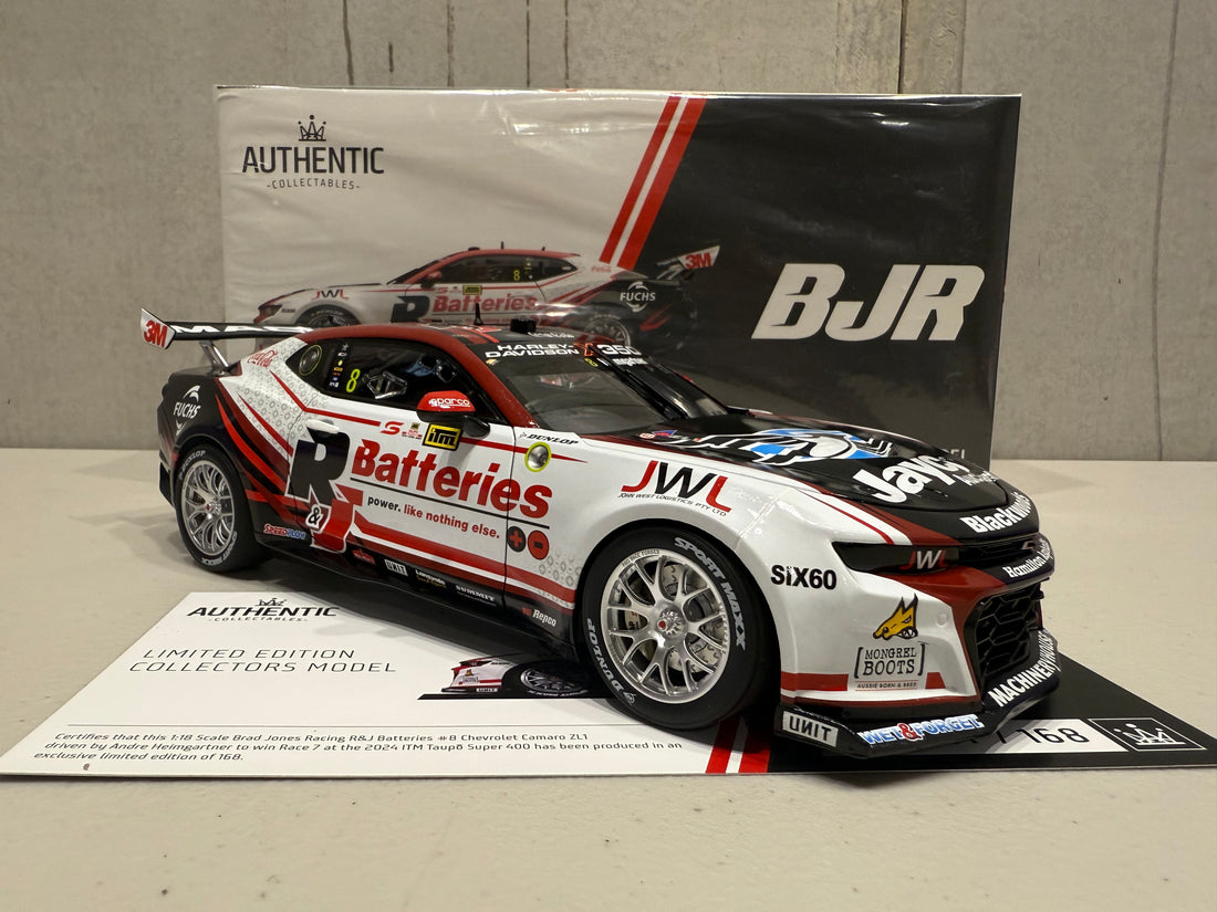 Andre Heimgartner - Brad Jones Racing R&J Batteries #8 Chevrolet Camaro ZL1 - 2024 Taupo Super400 Race 7 Winner - 1:18 Scale Diecast Model - AUTHENTIC COLLECTABLES