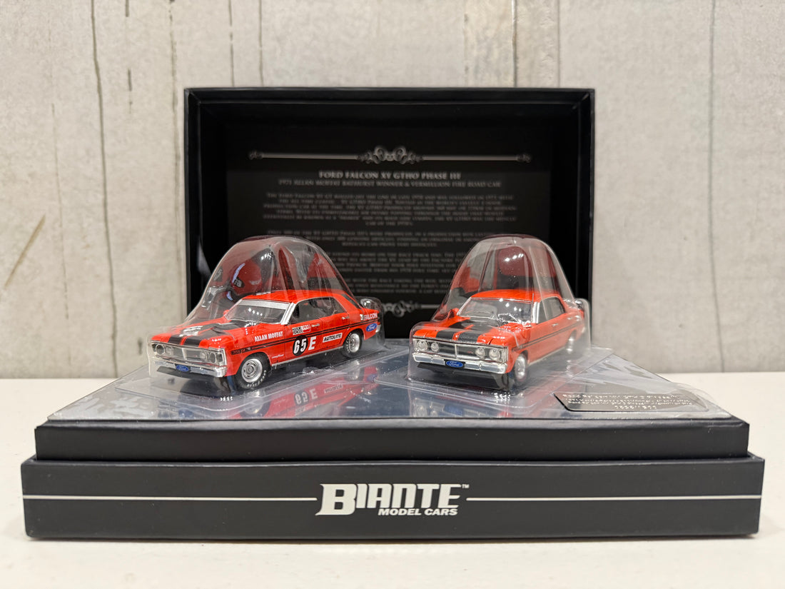 FORD FALCON XY GTHO TWIN SET: 1971 BATHURST WINNER - VERMILLION FIRE ROAD CAR - 1:43 SCALE DIECAST TWIN SET
