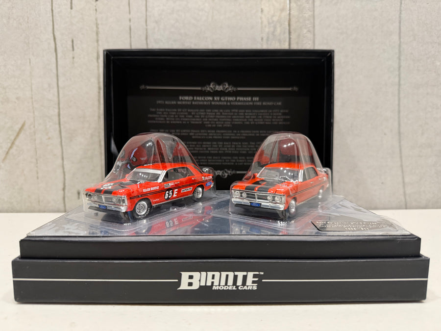 FORD FALCON XY GTHO TWIN SET: 1971 BATHURST WINNER - VERMILLION FIRE ROAD CAR - 1:43 SCALE DIECAST TWIN SET