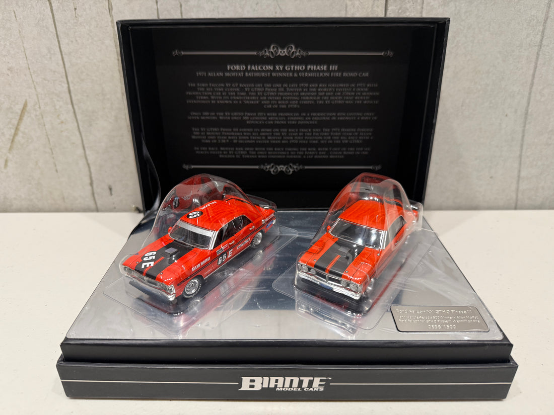 FORD FALCON XY GTHO TWIN SET: 1971 BATHURST WINNER - VERMILLION FIRE ROAD CAR - 1:43 SCALE DIECAST TWIN SET
