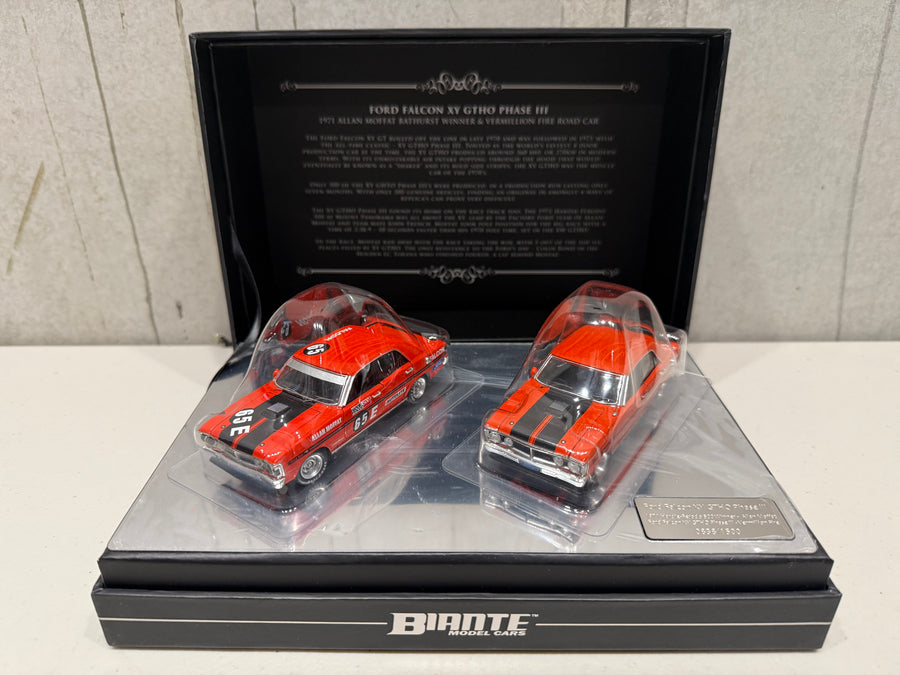 FORD FALCON XY GTHO TWIN SET: 1971 BATHURST WINNER - VERMILLION FIRE ROAD CAR - 1:43 SCALE DIECAST TWIN SET