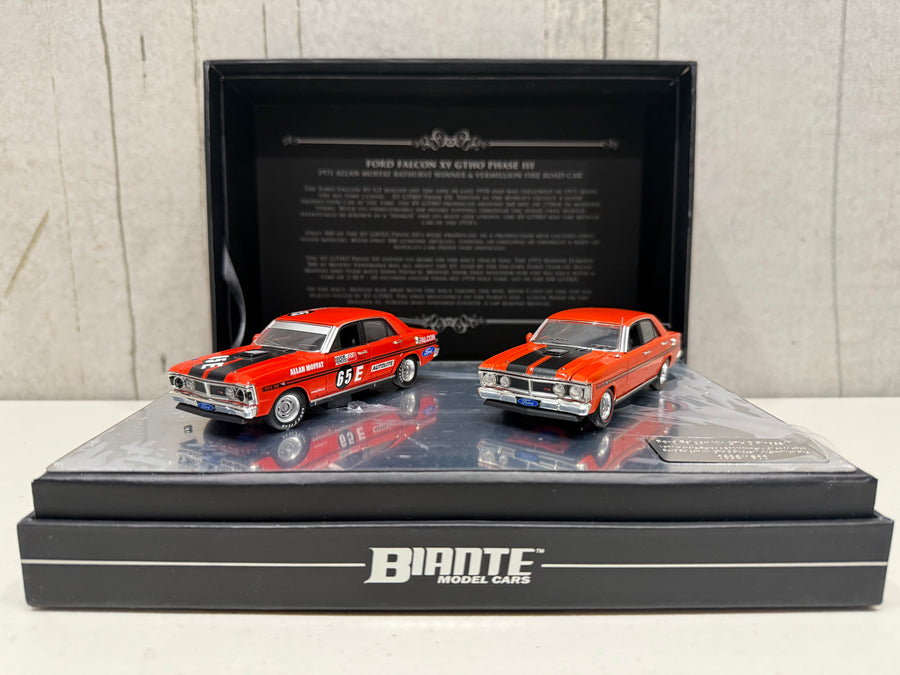 FORD FALCON XY GTHO TWIN SET: 1971 BATHURST WINNER - VERMILLION FIRE ROAD CAR - 1:43 SCALE DIECAST TWIN SET