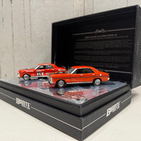FORD FALCON XY GTHO TWIN SET: 1971 BATHURST WINNER - VERMILLION FIRE ROAD CAR - 1:43 SCALE DIECAST TWIN SET