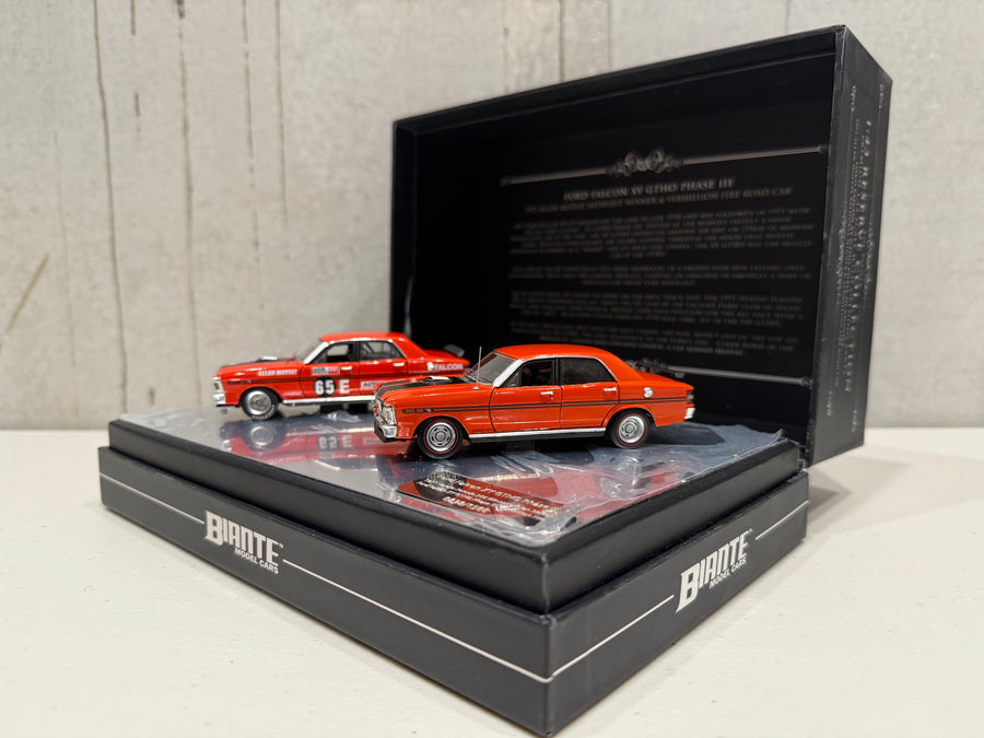 FORD FALCON XY GTHO TWIN SET: 1971 BATHURST WINNER - VERMILLION FIRE ROAD CAR - 1:43 SCALE DIECAST TWIN SET