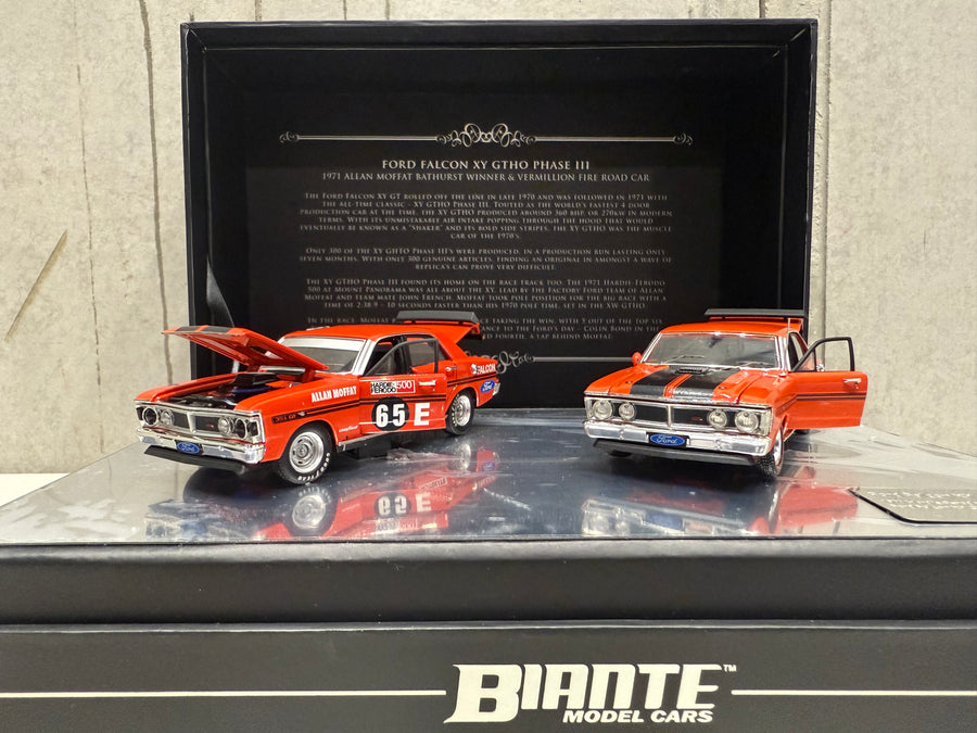 FORD FALCON XY GTHO TWIN SET: 1971 BATHURST WINNER - VERMILLION FIRE ROAD CAR - 1:43 SCALE DIECAST TWIN SET
