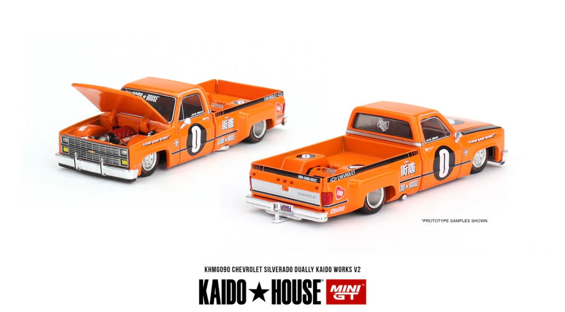 CHEVROLET SILVERADO DUALLY - 1:64 SCALE DIECAST - KAIDO WORKS V2 ORANGE - MINIGT