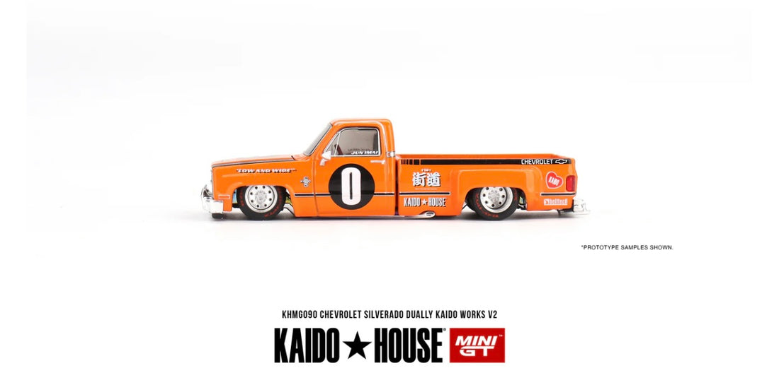 CHEVROLET SILVERADO DUALLY - 1:64 SCALE DIECAST - KAIDO WORKS V2 ORANGE - MINIGT