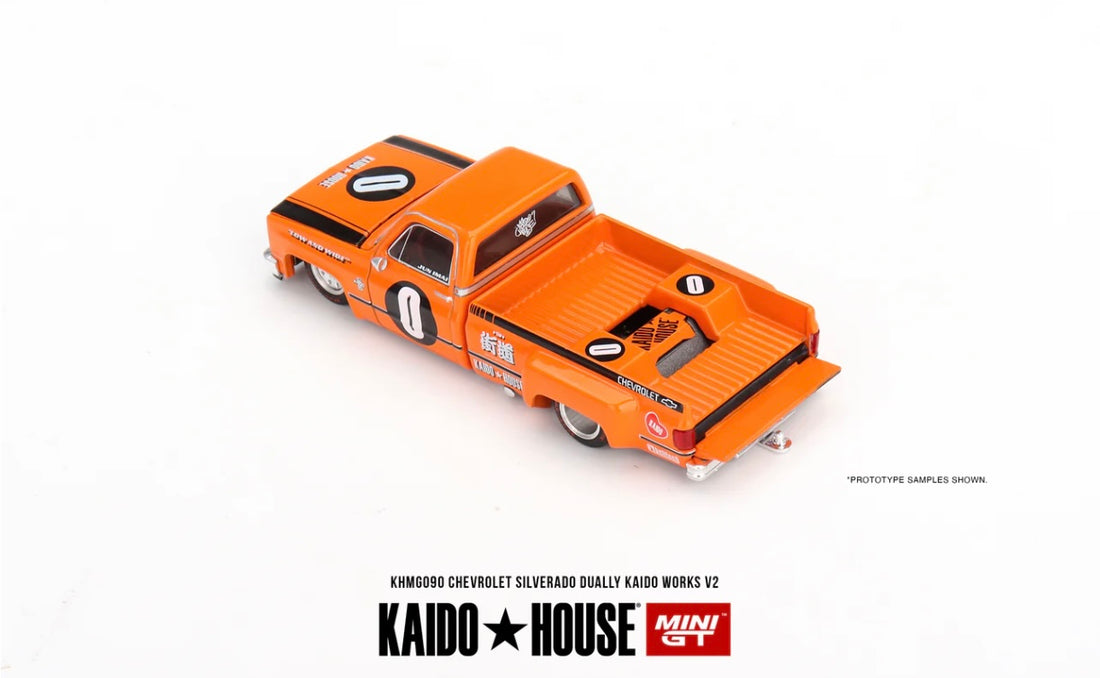 CHEVROLET SILVERADO DUALLY - 1:64 SCALE DIECAST - KAIDO WORKS V2 ORANGE - MINIGT