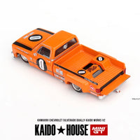 CHEVROLET SILVERADO DUALLY - 1:64 SCALE DIECAST - KAIDO WORKS V2 ORANGE - MINIGT