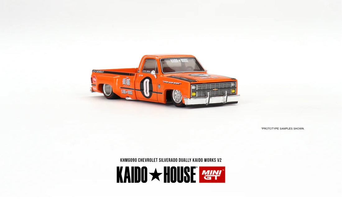 CHEVROLET SILVERADO DUALLY - 1:64 SCALE DIECAST - KAIDO WORKS V2 ORANGE - MINIGT