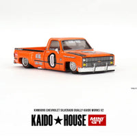 CHEVROLET SILVERADO DUALLY - 1:64 SCALE DIECAST - KAIDO WORKS V2 ORANGE - MINIGT