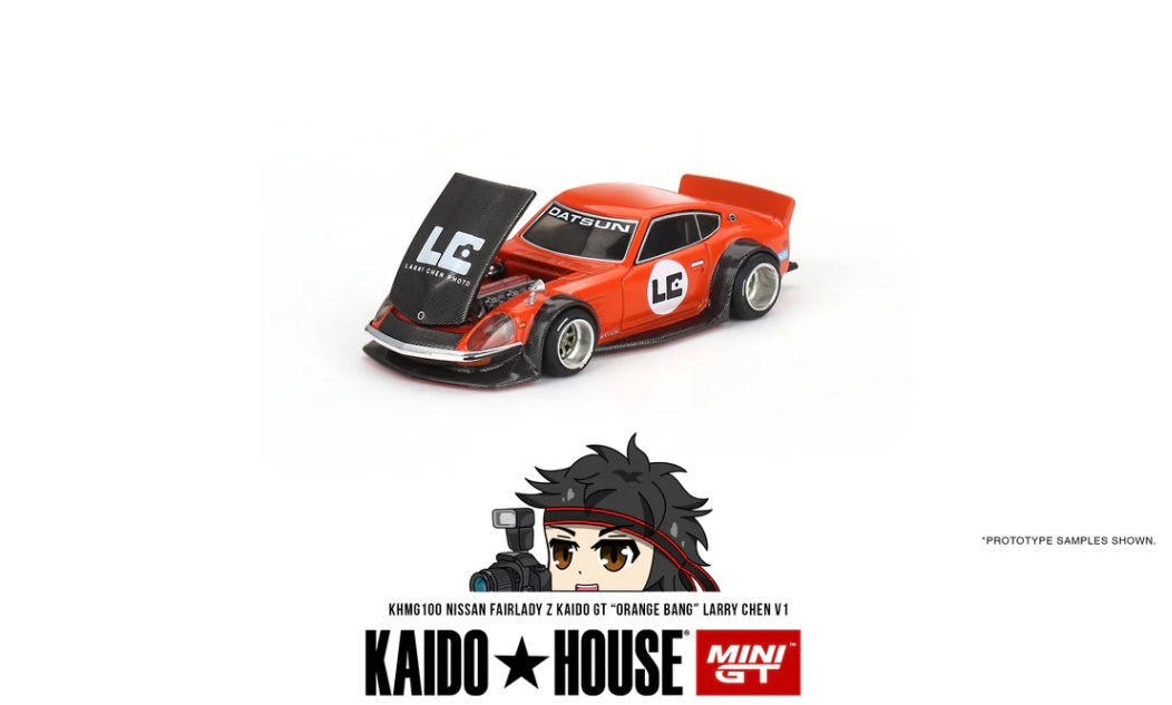 DATSUN KAIDO FAIRLADY Z - 'ORANGE BANG' LARRY CHEN V1 - 1:64 SCALE DIECAST - MINI GT