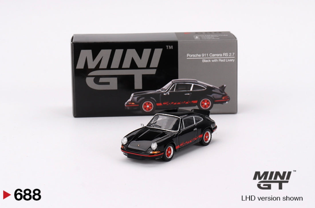 Porsche 911 Carrera RS 2.7 Black with Red Livery - 1:64 Scale Diecast - Mini GT