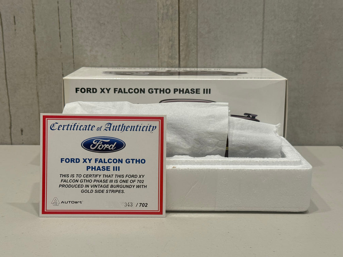 FORD XY FALCON GTHO PHASE III - VINTAGE BURGUNDY/GOLD SIDE STRIPES - 1:18 SCALE DIECAST MODEL - AUTOart