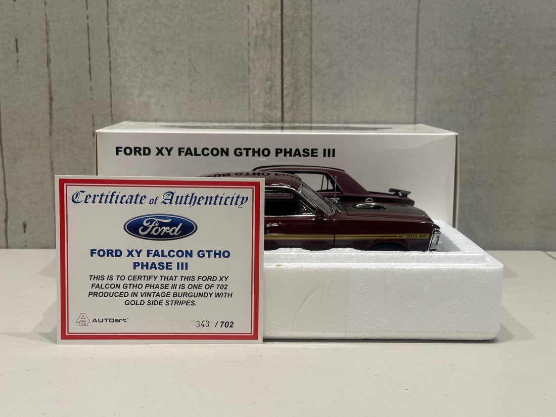FORD XY FALCON GTHO PHASE III - VINTAGE BURGUNDY/GOLD SIDE STRIPES - 1:18 SCALE DIECAST MODEL - AUTOart