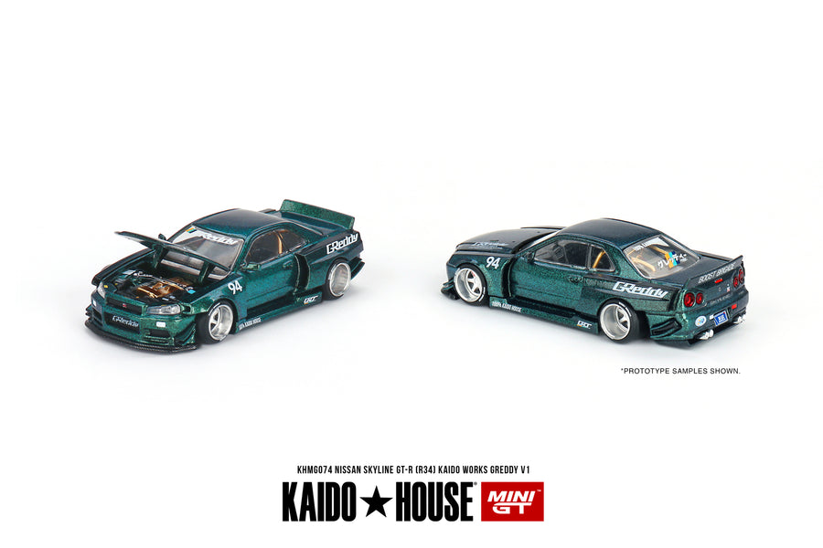 *PRE-ORDER* Nissan Skyline GT-R (R34)  Kaido Works GReddy V1 - 1:64 Scale Diecast Model- Mini GT