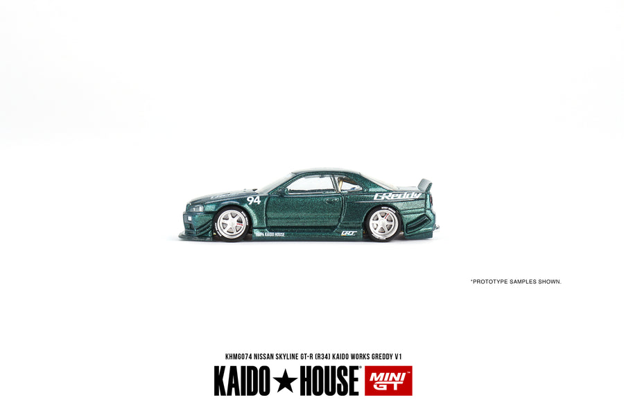*PRE-ORDER* Nissan Skyline GT-R (R34)  Kaido Works GReddy V1 - 1:64 Scale Diecast Model- Mini GT