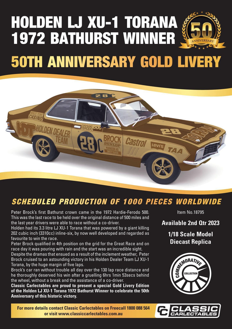HOLDEN LJ XU-1 TORANA 1972 BATHURST WINNER 50TH ANNIVERSARY GOLD LIVERY 1:18 DIECAST MODEL