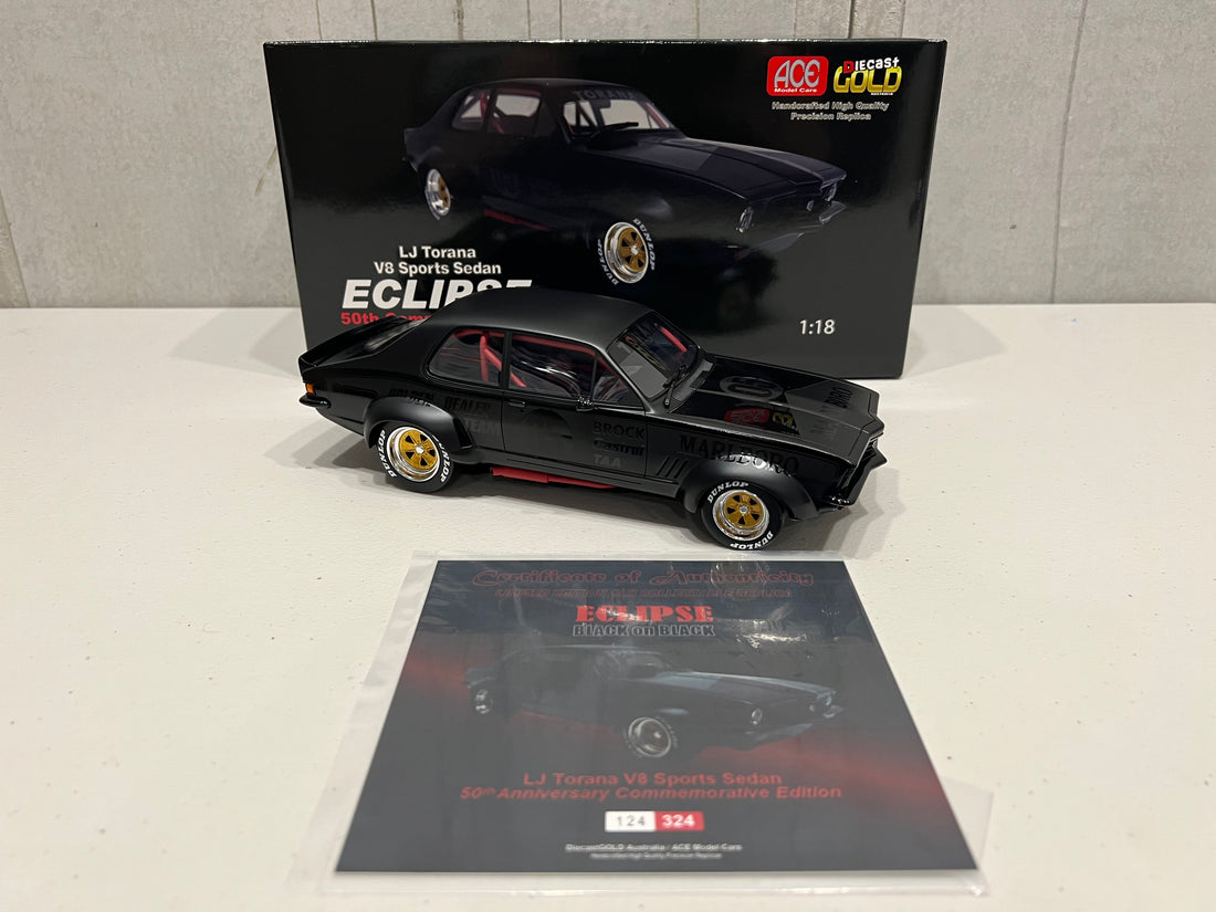 ECLIPSE TORANA SATIN BLACK BROCK TRIBUTE MARLBORO TORANA - 1:18 SCALE MODEL - 1 OF 324 - ACE