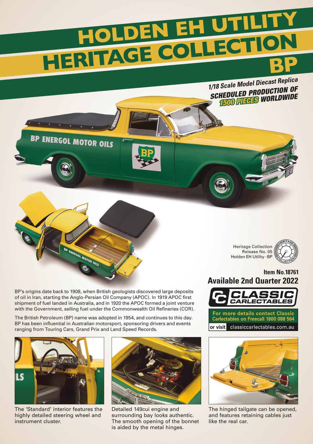 HOLDEN EH UTILITY "HERITAGE COLLECTION" BP 1:18 DIECAST MODEL - CLASSIC CARLECTABLES - $289  NOW   $229