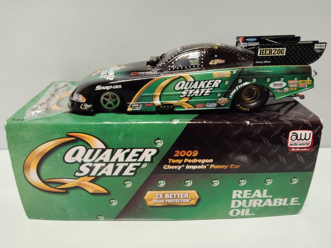 AUTO WORLD NHRA 2009 TONY PEDREGON QUAKER STATE CHEVY IMPALA FUNNY CAR 1:24 SCALE DIECAST